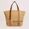 24,7 tote bag van natuurlijk raffia en bruin leer met goudkleurige metalen details