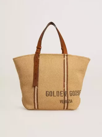 24,7 tote bag van natuurlijk raffia en bruin leer met goudkleurige metalen details