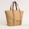 24,7 tote bag van natuurlijk raffia en bruin leer met goudkleurige metalen details