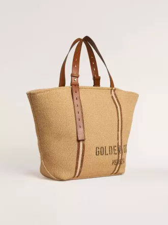 24,7 tote bag van natuurlijk raffia en bruin leer met goudkleurige metalen details
