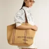 24,7 tote bag van natuurlijk raffia en bruin leer met goudkleurige metalen details