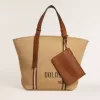 24,7 tote bag van natuurlijk raffia en bruin leer met goudkleurige metalen details