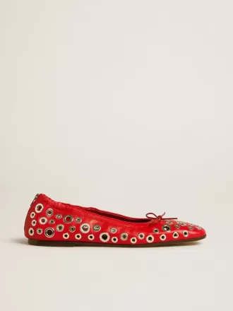 Amy ballerina’s van rood nappaleer met zilverkleurige studs