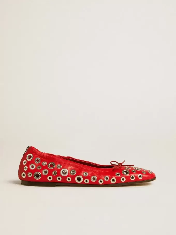 Amy ballerina’s van rood nappaleer met zilverkleurige studs
