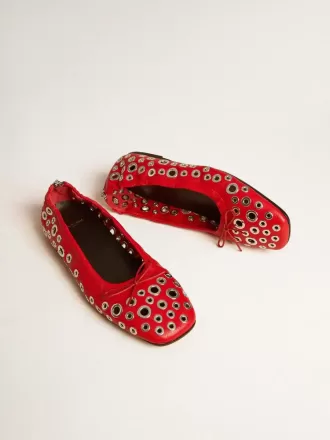 Amy ballerina’s van rood nappaleer met zilverkleurige studs