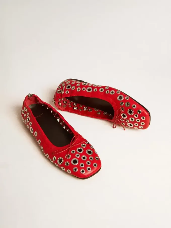 Amy ballerina’s van rood nappaleer met zilverkleurige studs