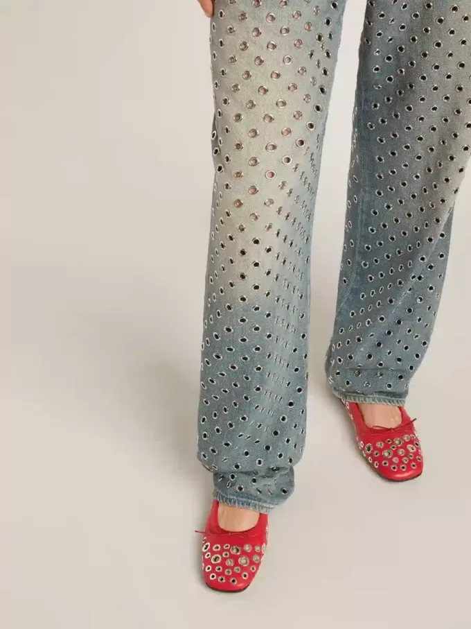 Amy ballerina’s van rood nappaleer met zilverkleurige studs