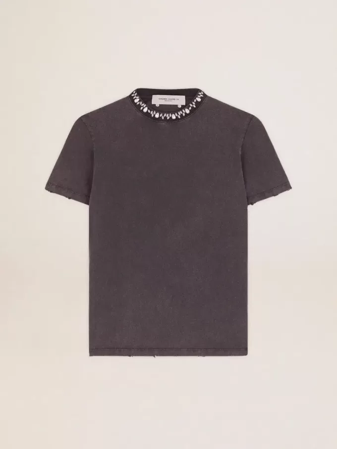 Antracietgrijs T-shirt voor dames met kristallen