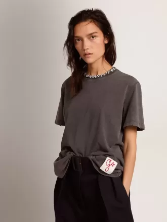 Antracietgrijs T-shirt voor dames met kristallen