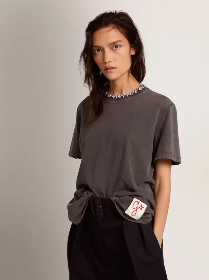 Antracietgrijs T-shirt voor dames met kristallen