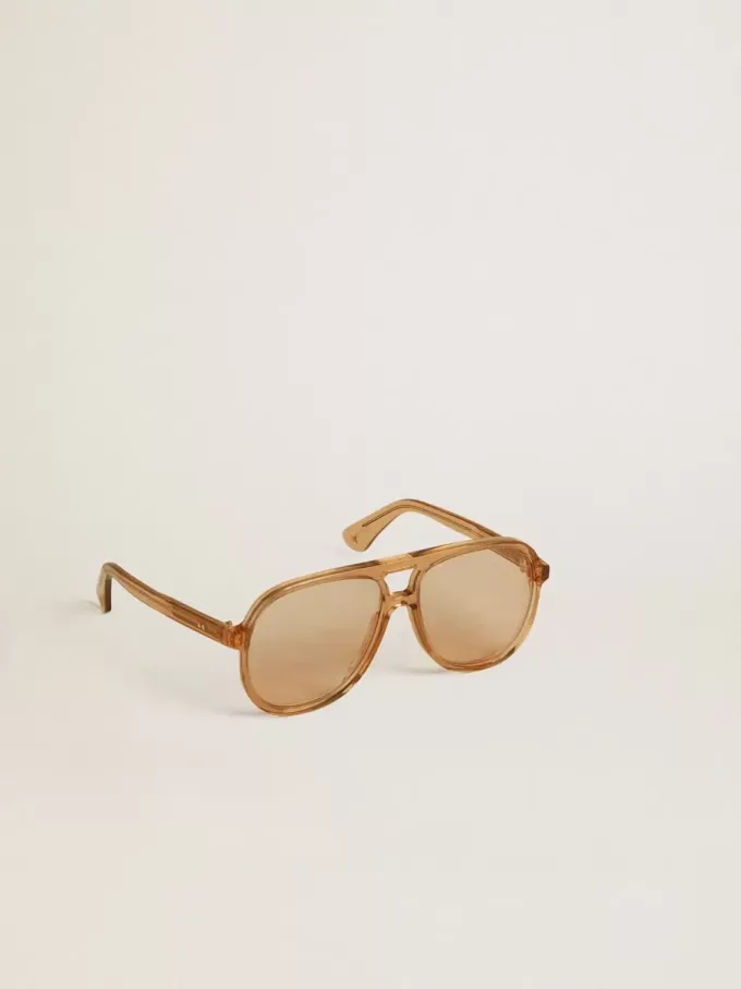 Aviator-zonnebril met honingkleurig montuur en glazen