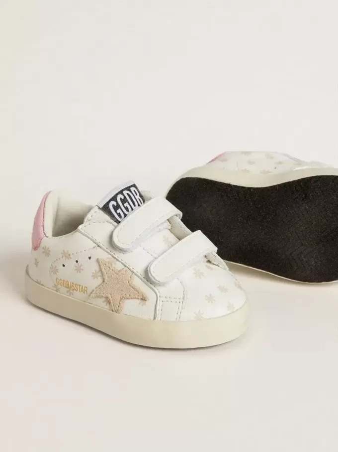 Baby School in nappa met roze bloemmotief en beige suède ster