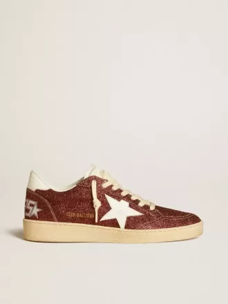 Ball Star in bordeauxrode glitter met witte leren ster en hielstuk