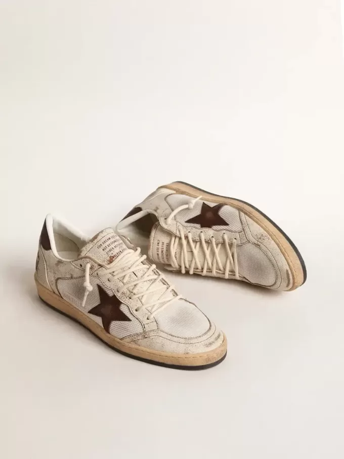 Ball Star LTD voor heren in ecru leer en wit mesh met bruine ster