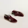 Ball Star voor dames in bordeauxrood fluweel met gouden metallic leren ster en hielstuk