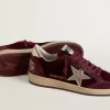 Ball Star voor dames in bordeauxrood fluweel met gouden metallic leren ster en hielstuk