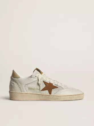 Ball Star voor dames in wit nappa en mesh met tabakskleurige nubuck ster en beige hielstuk