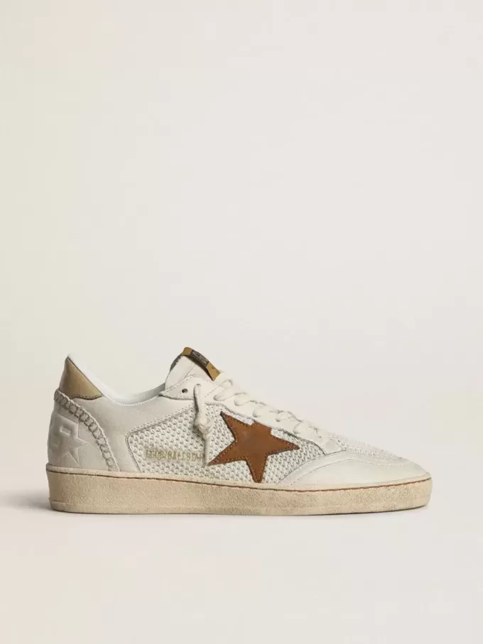 Ball Star voor dames in wit nappa en mesh met tabakskleurige nubuck ster en beige hielstuk