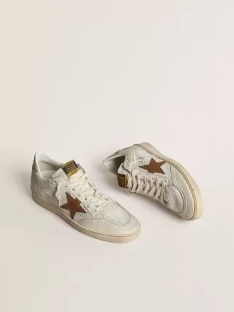 Ball Star voor dames in wit nappa en mesh met tabakskleurige nubuck ster en beige hielstuk