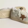 Ball Star voor dames in wit nappa en mesh met tabakskleurige nubuck ster en beige hielstuk