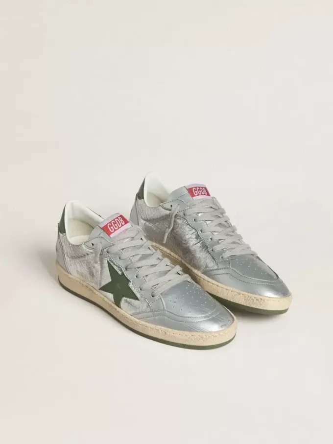 Ball Star voor dames in zilverkleurig nylon met groene leren ster en hielstuk