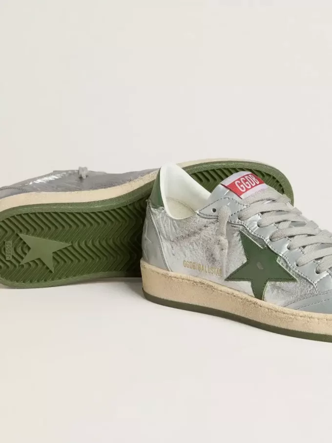 Ball Star voor dames in zilverkleurig nylon met groene leren ster en hielstuk