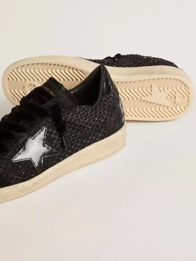 Ball Star voor dames van mesh met Swarovski-kristallen en een zwarte gelamineerde leren ster en hielbandje