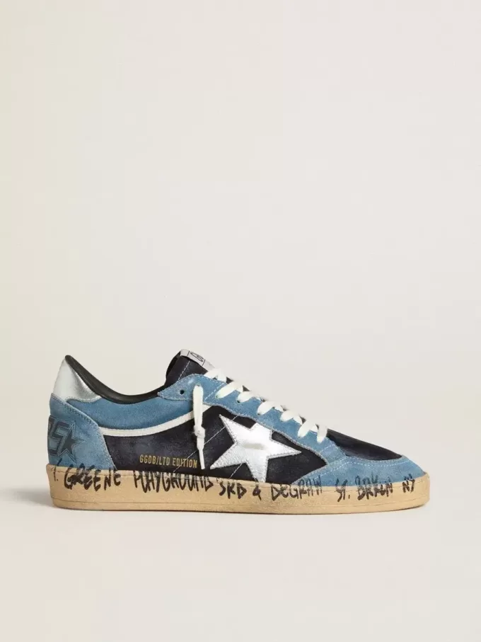 Ball Star voor heren in blauw suède met zilveren leren ster en hielstuk