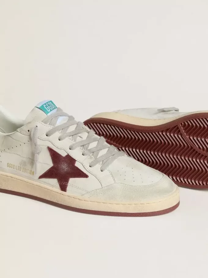 Ball Star voor heren van nubuck met krokodillenprint en bordeauxrode suède ster