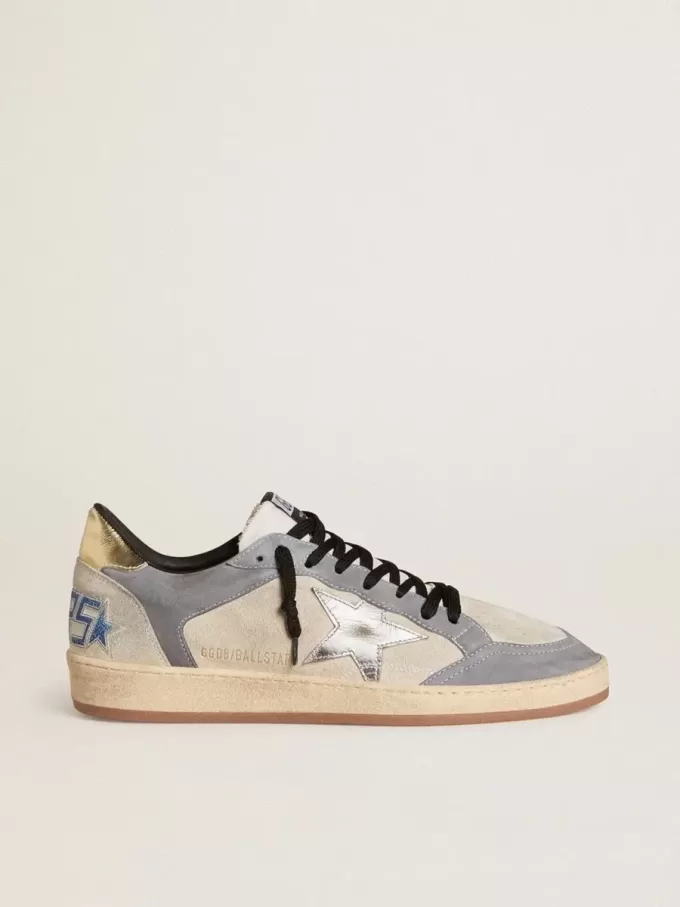 Ball Star voor heren van suède en nubuck met zilverkleurige metallic leren ster en goudkleurige metallic leren hielstuk