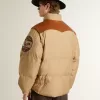 Beige bomberjack met lederen en patchdetails