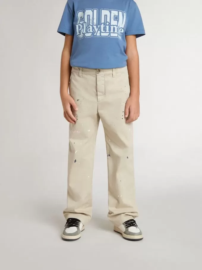 Beige chino broek voor kinderen met veelkleurige spatten