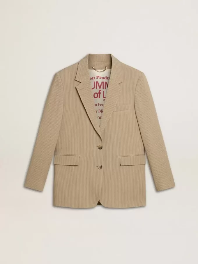 Beige damesjasje met krijtstreep en oversized pasvorm