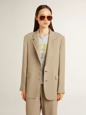 Beige damesjasje met krijtstreep en oversized pasvorm