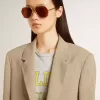 Beige damesjasje met krijtstreep en oversized pasvorm
