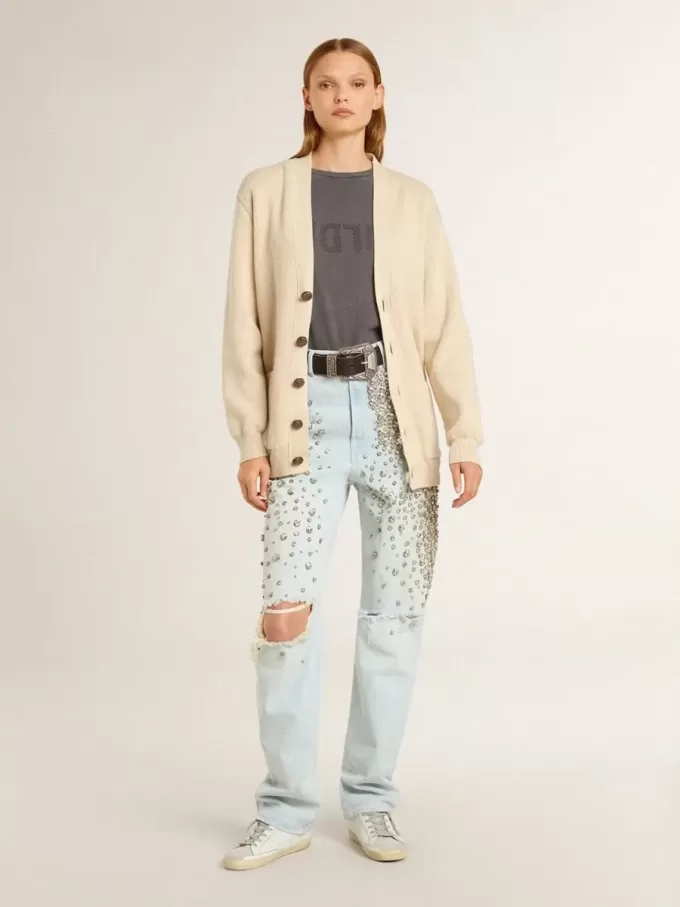 Beige damesvest met ‘Golden’-opschrift op de achterkant