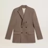 Beige double-breasted blazer voor heren van wolmix met chevronpatroon