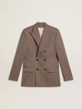 Beige double-breasted blazer voor heren van wolmix met chevronpatroon