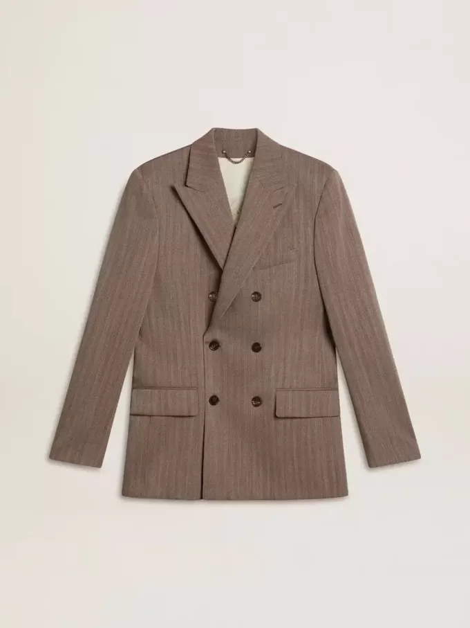 Beige double-breasted blazer voor heren van wolmix met chevronpatroon