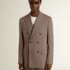 Beige double-breasted blazer voor heren van wolmix met chevronpatroon