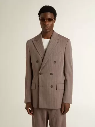Beige double-breasted blazer voor heren van wolmix met chevronpatroon