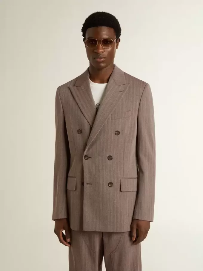 Beige double-breasted blazer voor heren van wolmix met chevronpatroon