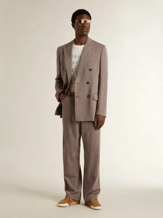 Beige double-breasted blazer voor heren van wolmix met chevronpatroon