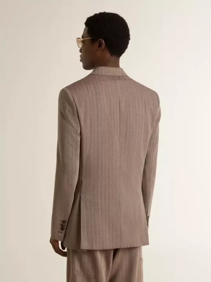 Beige double-breasted blazer voor heren van wolmix met chevronpatroon