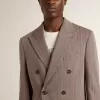 Beige double-breasted blazer voor heren van wolmix met chevronpatroon