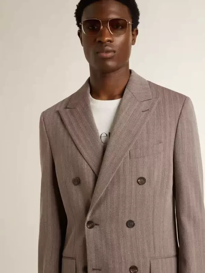 Beige double-breasted blazer voor heren van wolmix met chevronpatroon