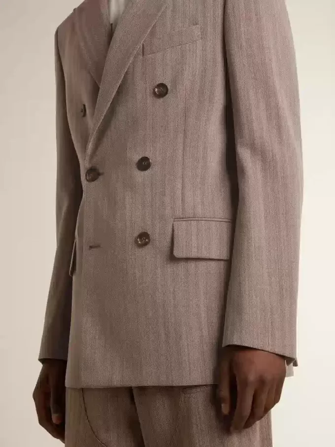 Beige double-breasted blazer voor heren van wolmix met chevronpatroon