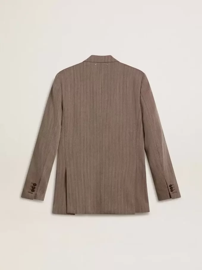 Beige double-breasted blazer voor heren van wolmix met chevronpatroon