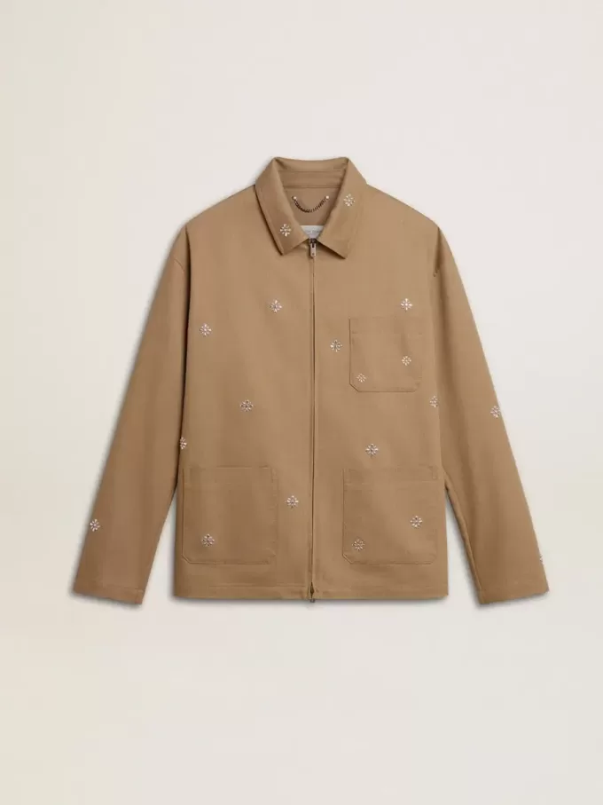 Beige herenjas met bloemenborduursel en volledige ritssluiting