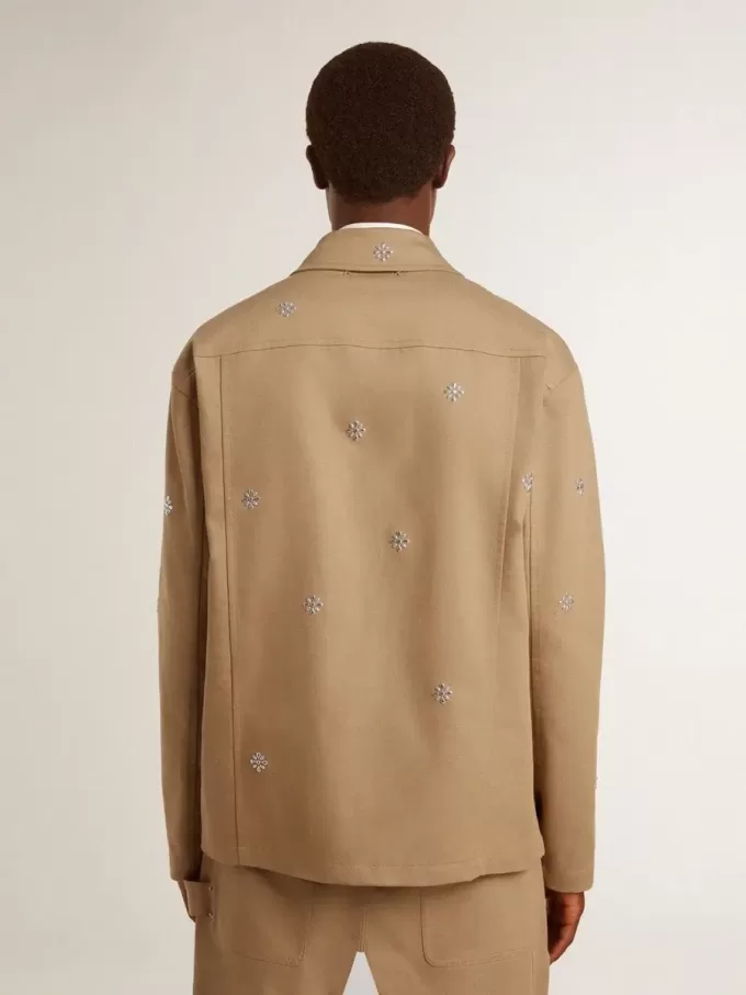 Beige herenjas met bloemenborduursel en volledige ritssluiting
